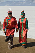 OLKHON ISLAND, SIBERIA, RUSSIA- MARCH 13, 2007: A local Buryat couple who were just married in a traditional ceremony on Olkhon Island, Siberia, Russia on March 13, 2007. Photo by Oliver Renck/Aurora