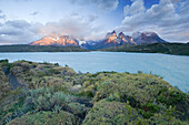 Storm clouds passing over Lago Pehoe and the Cuernos Del Paine on March 1, 2008 in Las Torres Del Paine National Park, Chile.