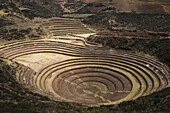 The Inca agricultural terraces of Moray, Urubamba Valley, Peru on September 22, 2005. The site is believed to have been used for experimental agriculture, self irrigating and recessed for artificially warmer and wetter conditions.