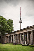 Television Tower behind the colonnade of the Old National Gallery, Alte Nationalgalerie, Museum Island, Berlin, Germany