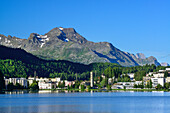 View over Lake St. Moritz to Piz la Margna and Bergell range, St. Moritz, Upper Engadin, Kanton of Graubuenden, Switzerland
