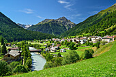 View to Lavin with Inn river, Lower Engadin, Canton of Graubuenden, Switzerland
