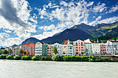 View over Inn river to houses, Karwendel in background, Innsbruck, Tyrol, Austria
