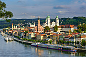 Old town with church of St. Paul and cathedreal of St. Stephen, Passau, Lower Bavaria, Germany