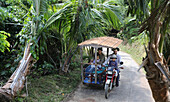 Familie in einem Dreiradtransport mit Strohdach, Sabtang Insel, Batanes, Philippinen, Asien