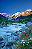 Stream in the mountains with view to Bernina range, valley of Morteratsch, Morteratsch, Bernina, Upper Engadin, Engadin, Grisons, Switzerland