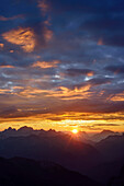 Sunrise over Dolomites with Marmolada, Antelao, Pelmo and Civetta, Rifugio Torre di Pisa, Latemar range, Dolomites, UNESCO world heritage Dolomites, Trentino, Italy