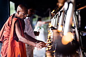 Buddhist monk praying at Sri Maha Bodhi in the Mahavihara (The Great Monastery), Anuradhapura, Sri Lanka, Asia