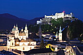 High angle view of the Old Town, UNESCO World Heritage Site, with Hohensalzburg Fortress and Dom Cathedral at dusk, Salzburg, Salzburger Land, Austria, Europe