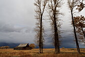 Autumn (fall) storm approaches, Mormon Row barn, Antelope Flats, Grand Teton National Park, Wyoming, United States of America, North America