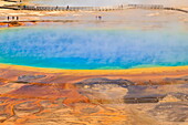 Visitors, steam and vivid colours, Grand Prismatic Spring, Yellowstone National Park, UNESCO World Heritage Site, Wyoming, United States of America, North America