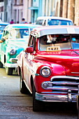 Vintage American cars used as local taxis, driving down Avenue Colon during afternoon rush hour, Havana Centro, Havana, Cuba, West Indies, Central America