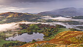 Mist covered landscape surrounding Loughrigg Tarn in autumn, Lake District, Cumbria, England, United Kingdom, Europe