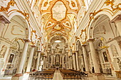 Ornate interior columns, stucco and friezes in the Cathedral of San Lorenzo in this historic northwest port city, Trapani, Sicily, Italy, Mediterranean, Europe