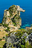 Old tower and buildings at the Tonnara di Scopello, an old tuna fishery and now a popular beauty spot, Scopello, Trapani, Sicily, Mediterranean, Europe