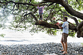Father and children (1-4 years) in a tree at Baltic Sea beach, Klintholm, Mon island, Denmark