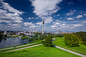 View from the Olympic Hill towards the Olympic tower, Munich, Upper Bavaria, Bavaria, Germany