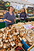 Porcino mushrooms on a market stall, Viktualienmarkt, Munich, Upper Bavaria, Bavaria, Germany