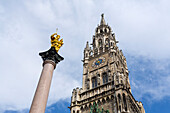 Marienplatz square with Marien Column, St. Mary's column and town hall tower, Munich, Upper Bavaria, Bavaria, Germany
