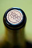 Vintage year printed on cork of wine bottle, close-up