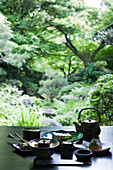 Traditional Japanese meal on table outdoors