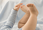 Baby touching toes, cropped view
