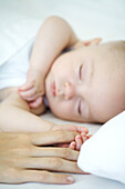 Adult holding sleeping baby's hand, cropped view