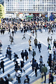 Crowd on pedestrian crossings in Shibuya, Japan