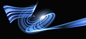 Light trails creating an abstract blue wave pattern on a black background