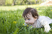 A baby girl crawling in the grass