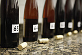 Row of numbered uncorked bottles of wine set up for wine tasting