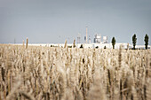 Power plant beyond hay field in Czech Republic