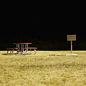 A picnic table and barbecue in a park at night, long exposure