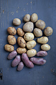 Various potatoes on wooden table