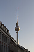 Alexanderplatz Television Tower, behind apartment buildings, Berlin, Germany