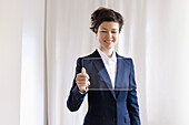 Happy Attractive Businesswoman Looking At Blank Transparent Digital Tablet
