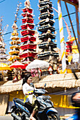 Woman riding scooter, Odalan temple festival, Sidemen, Karangasem, Bali, Indonesia