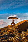 Signpost from Cesar Manrique, Timanfaya national park, Lanzarote, Canary Islands, Spain