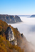 Mist in the valley of the Danube river, view to Werenwag castle, Upper Danube Nature Park, Baden- Wuerttemberg, Germany