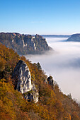 Mist in the valley of the Danube river, view to Werenwag castle, Upper Danube Nature Park, Baden-Wuerttemberg, Germany