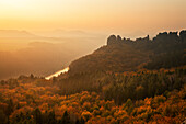View to the Elbe river and Schrammsteine, National Park Saxon Switzerland, Elbe Sandstone Mountains, Saxony, Germany