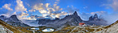 Panorama of Dolomites with lakes Boedensee, Paternkofel, Tre Cime di Lavaredo and Alpine hut Drei-Zinnen-Huette, Rifugio Antonio Locatelli, Sextener Dolomites, Dolomites, UNESCO World Heritage Site Dolomites, Veneto, Italy