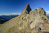 Frau steigt von der Forcella Valon ab mit Latemar-Gruppe im Hintergrund, Trans-Lagorai, Lagorai-Höhenweg, Lagorai, Dolomiten, UNESCO Welterbe Dolomiten, Trentino, Italien