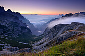 Clouds above Val Marzon, Alpine hut, Auronzo Huette, Drei Zinnen, Tre Cime di Lavaredo, UNESCO World Heritage Site Dolomites, Dolomites, Veneto, Italy