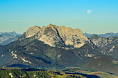 View to Guffert and Kaiser range at full moon, Nurracher Hoehenweg, Loferer Steinberge range, Tyrol, Austria
