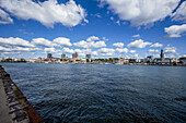 Cityscape with church St. Michael and Landing Stages, Hamburg, Germany