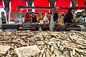 fresh sardines, fish stands, Rialto fish market, Mercato di Rialto, red awnings, Venice, Italy