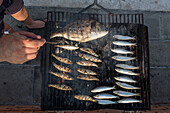 barbeque, grill, cooking fresh fish outdoors, Pellestrina Island, smoke, Venice, Lagoon, Italy