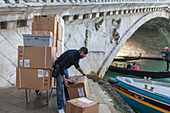 parcel, transport barges delivery boats, courier, water transport, traffic, Rialto Bridge, Venice, Italy