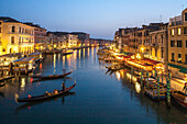 Grand Canal, twilight, reflections, gondola, lights, from Rialto Bridge, Venice, Italy